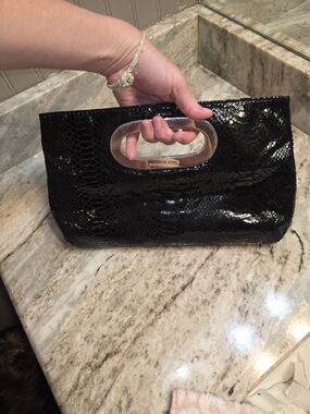 Michael Kors Black Snake Skin Look Embossed Clutch Bag - Silver Metal Handle